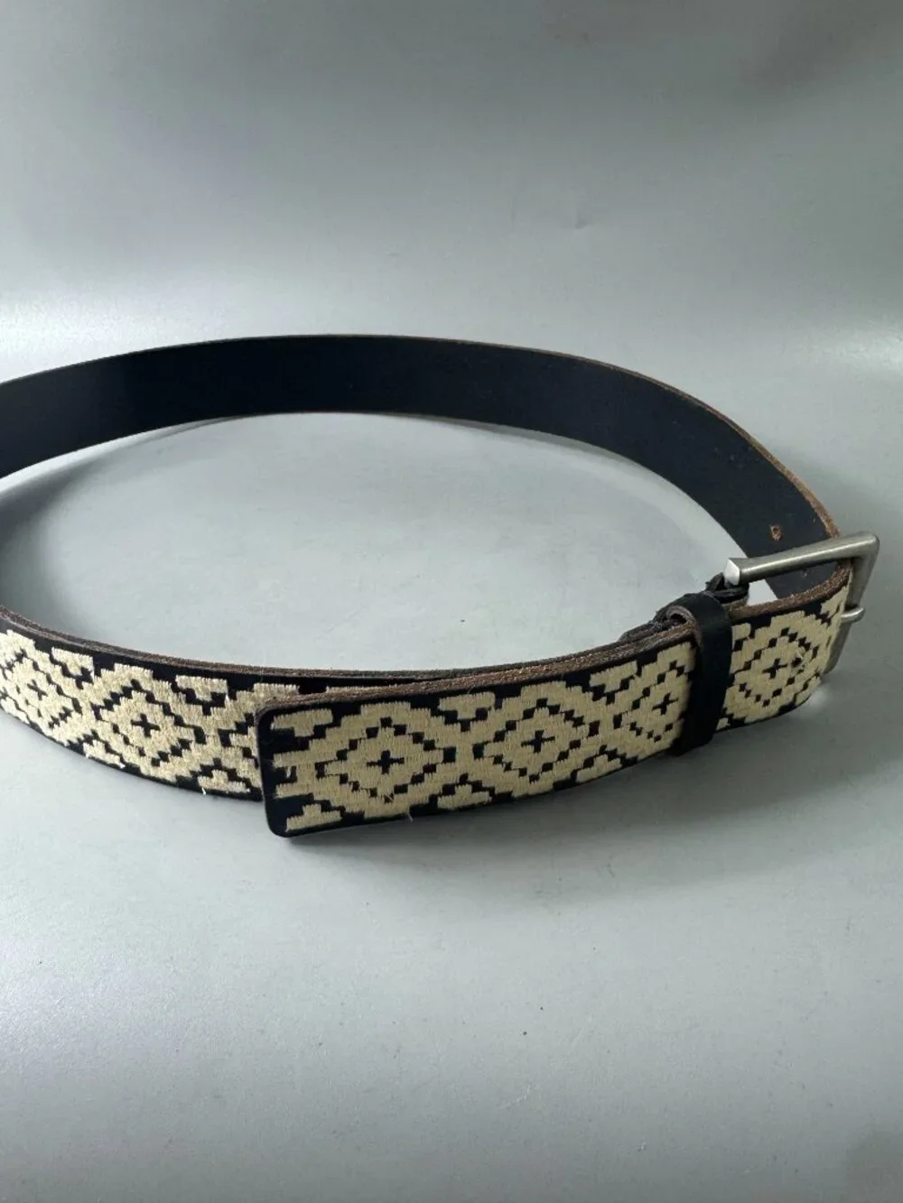 LUCKY BRAND Black Leather Embroidered Tribal Boho Women's Belt, Size M